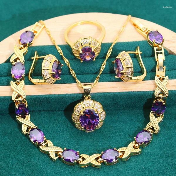 Conjunto de collar y pendientes de circonia cúbica de Color dorado para mujer, boda, Dubái, pulsera de lujo, anillo, accesorios nupciales