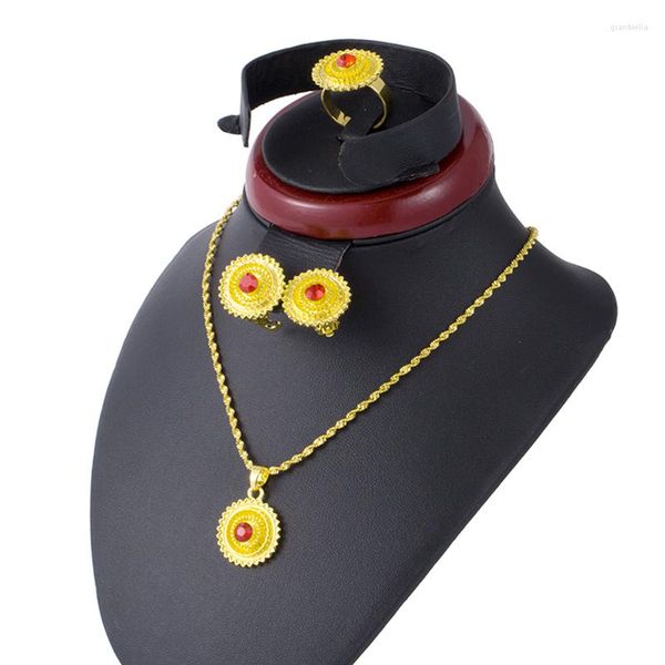 Conjunto de collar y pendientes de Color dorado para mujer, joyería de boda etíope para niña africana de Dubái, pendiente y anillo, regalos