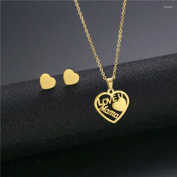 Conjunto de collar y pendientes con letras en forma de corazón de Color dorado para mujer, flor delicada Simple, regalos del Día de la madre de acero inoxidable