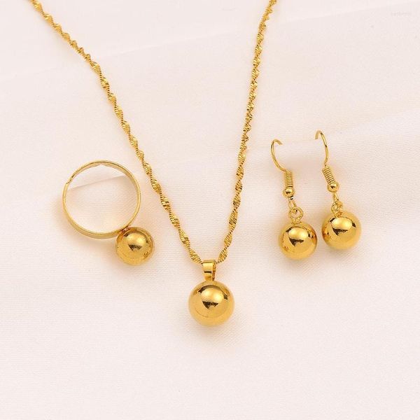Conjunto de pendientes de collar, joyería de cuentas lisas de Color dorado, colgante redondo, cadena, anillo de bola, regalo para mujer