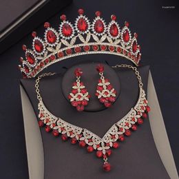 Ensemble de boucles d'oreilles et collier, couleur or, cristal rouge, couronne de mariage, ensembles de mariée pour femmes, bijoux de mariée, accessoires diadèmes de fête