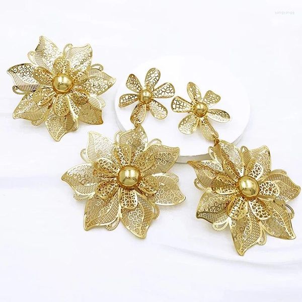 Ensemble de boucles d'oreilles et collier pour femmes, bague de couleur or plaqué 24K, bijoux de luxe de dubaï, Design floral, 2 pièces