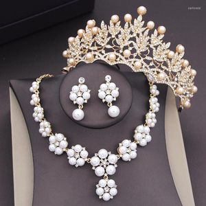 Collier boucles d'oreilles ensemble or couleurs fleur couronne perles ensembles pour femmes bijoux de mariée diadèmes de mariage accessoires de mariée