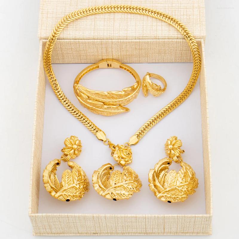 Necklace Earrings Set Gold Plated And Banquet Jewelry Women Statement Design Drop Pendant With Charm Bracelet Ring