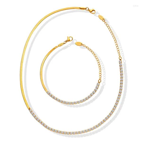 Ensemble de boucles d'oreilles et collier, Bracelet plaqué or avec diamant et Zircon, épissure de mosaïque, chaîne en os de serpent