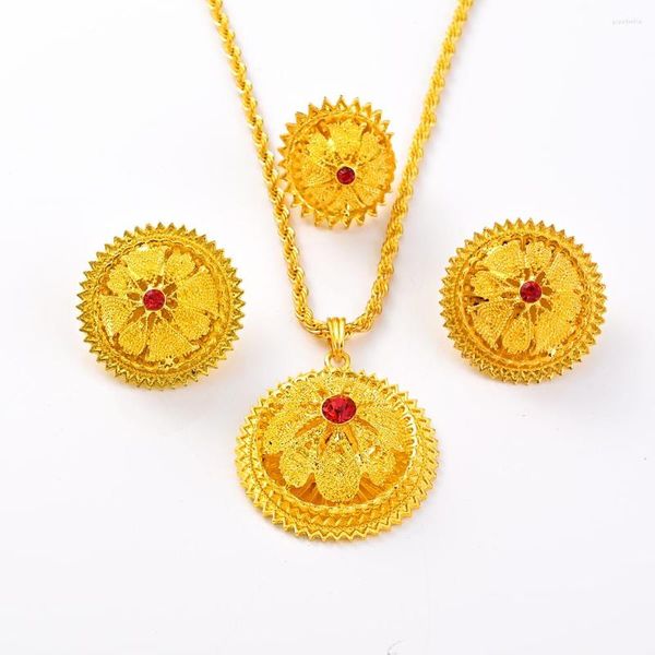 Collier Boucles d'oreilles Ensemble Plaqué Or Classique Rond Rouge CZ Bijoux Chaîne Bague Pendentif Ethiopie Érythrée Hommes Femmes Habesha Cadeau De Fête De Mariage