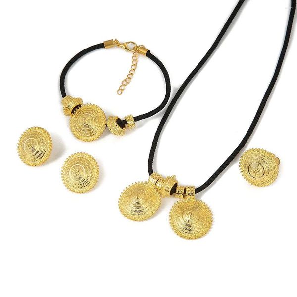 Ensemble collier et boucles d'oreilles plaqué or pour femmes, Bracelet de dubaï, érythrée, afrique, pendentif rond, chaîne en corde, ethnique éthiopienne, pour mariée