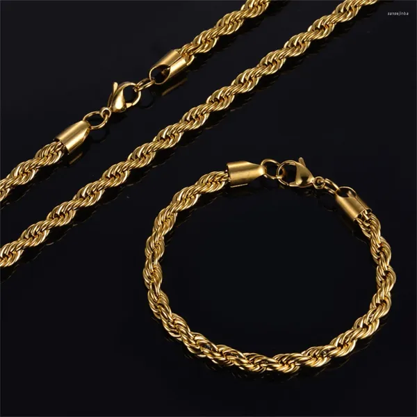 Conjunto de collar y pendientes chapado en oro para hombre, pulsera de cadena trenzada de 4mm, 2 uds., accesorios de joyería de moda, regalos de bisutería al por mayor