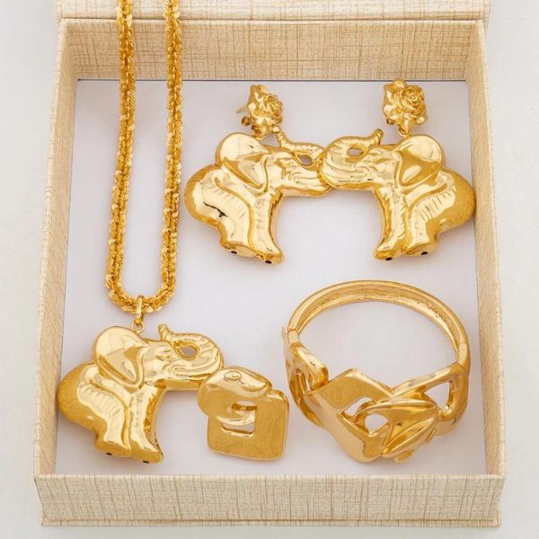 Conjunto de collar y pendientes, joyería chapada en oro con caja de regalo para colgante de fiesta y anillo de brazalete para mujer, bodas de compromiso