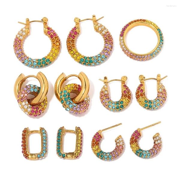 Ensemble de boucles d'oreilles et collier, bague plaquée or et sept cerceaux colorés en zircone, bijoux pour femmes