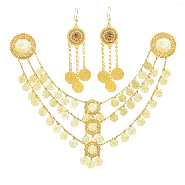 Collier boucles d'oreilles ensemble de pièces d'or ensembles turc inde longues chaînes gland cristal fleur épingle colliers Boho Afghan déclaration bijoux
