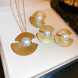 Ketting Oorbellen Set Gouden Geometrische Verklaring Sieraden Voor Vrouwen 2023 Vintage Vierkante Parel Ring Open