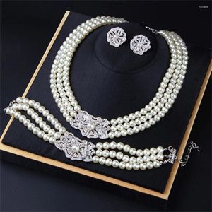 Ketting oorbellen set prachtige 3 lagen witte parel bloem kraag armband oorbel bruiloft sieraden dames elegante bruids verjaardagscadeau