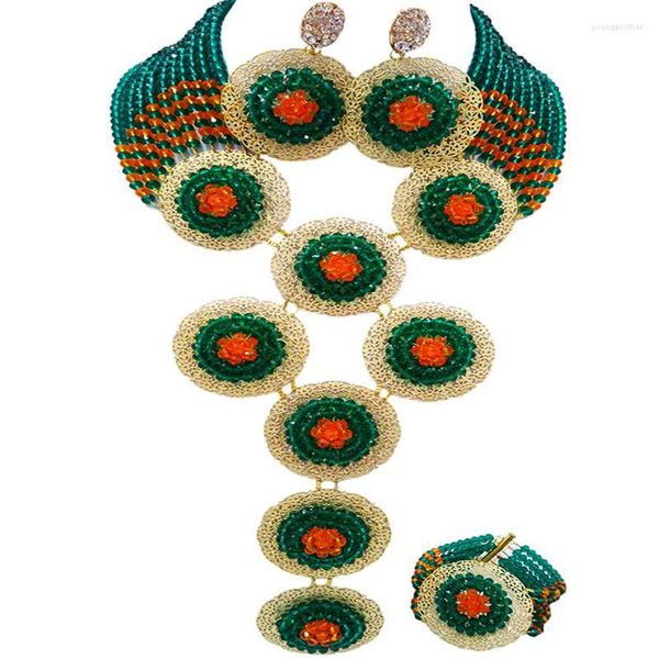 Conjunto de pendientes de collar Conjuntos de pulsera de compromiso con cuentas de cristal naranja verde militar precioso 10C-9PH-20