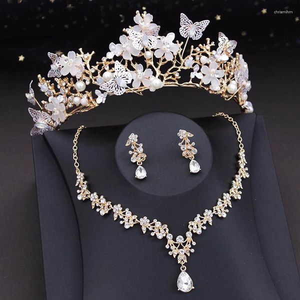 Ensemble de collier et boucles d'oreilles pour femmes, magnifiques diadèmes papillon, couronne de fleurs, ras du cou, Costume de mariée, accessoires bijoux