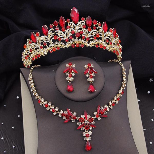 Conjunto de pendientes de collar, precioso cristal rojo, nupcial de lujo para mujer, corona, tiaras, conjuntos de novia, baile de graduación, boda