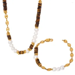 Ensemble collier et boucles d'oreilles Grace pour femmes, bijoux en acier inoxydable plaqué or 18 carats, perles en œil de tigre, Bracelet et perles d'eau douce