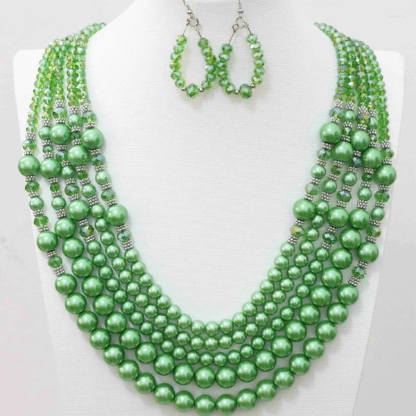 Conjunto de collar y pendientes, cuentas de concha de perla simulada redondas de cristal de ábaco verde, joyería de 5 filas para mujer, B983-9 de regalo de boda