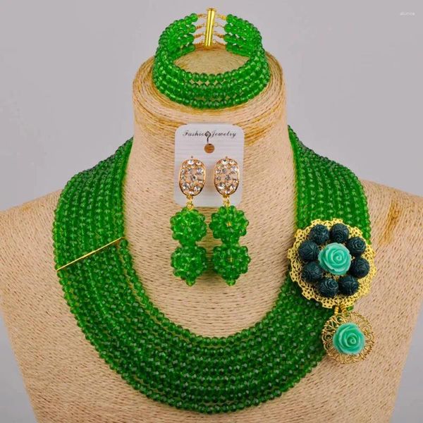 Ensemble collier et boucles d'oreilles de couleur verte, Costume de perles africaines, bijoux de mariage nigérian pour mariée