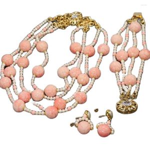Ketting oorbellen set guaiguai sieraden 4 rijen witte parel roze koraal carven bal kralen armband sets handgemaakte vrouwen geschenken