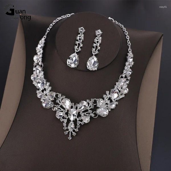 GuanLong – ensemble de collier et boucles d'oreilles pour femmes, bijoux coréens doux et romantiques pour mariée, mariage, cristal, strass, Banquet, vente en gros