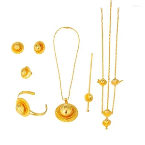 Habesha – ensemble de 6 pièces de collier et boucles d'oreilles, lot de 6 pièces, boule d'or éthiopienne de dubaï, épingle à cheveux, chaîne de tête, anneau pour femmes érythréennes, cadeaux de mariage africains