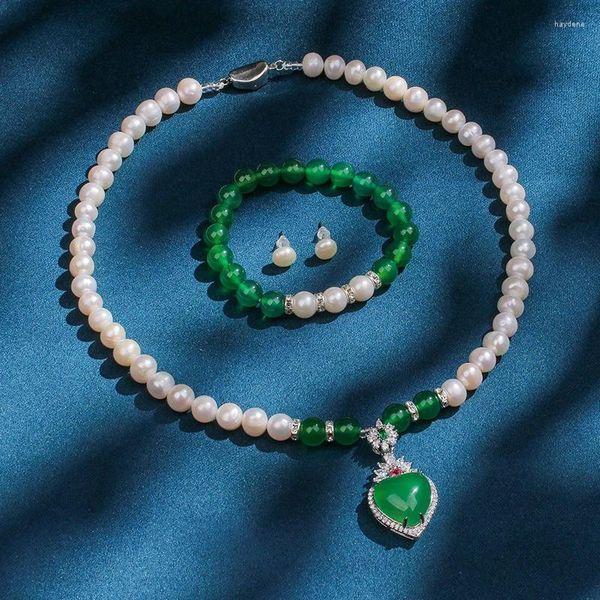 HABITOO – ensemble collier et boucles d'oreilles élégants, 7-8mm, perle de culture d'eau douce blanche, cœur vert, pendentif en Jade, Bracelet, bijoux cadeau