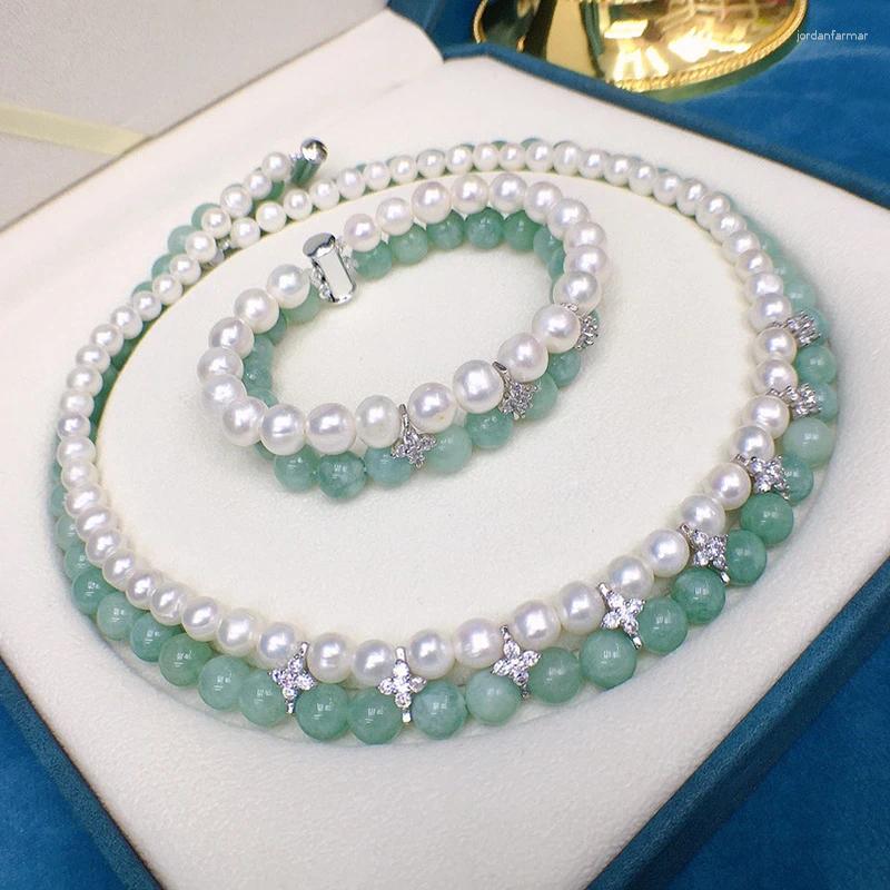 HABITOO Halskette-Ohrringe-Set, wunderschöne natürliche 8–9 mm weiße Süßwasser-Zuchtperle, grünes Jade-Armband, kubischer Zirkon, Schmuck für Frauen, Geschenk