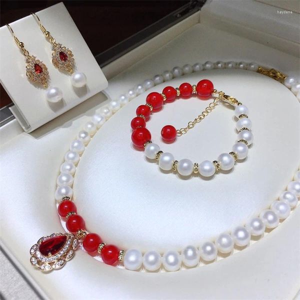 Ensemble de collier et boucles d'oreilles HABITOO, blanc naturel, perle ronde d'eau douce, Bracelet de perles de Jade rouge, rubis, Zircon cubique, cadeaux, 9-10mm