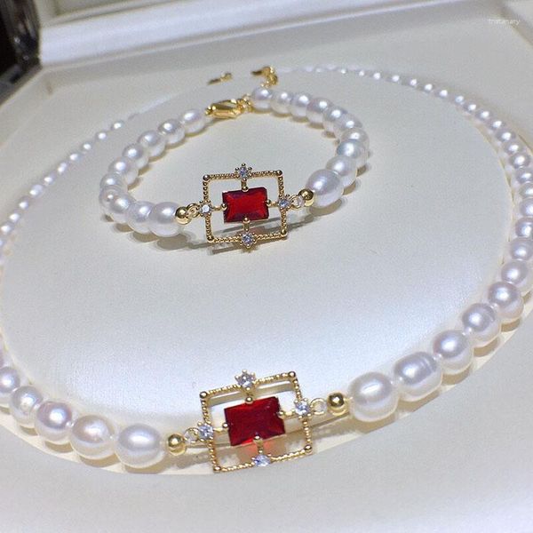 Conjunto de collar y pendientes HABITOO, joyería para mujer, pulsera de perlas de agua dulce blancas naturales de 6-7mm, accesorios cuadrados de circonita cúbica de rubí rojo