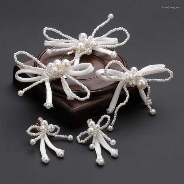 Conjunto de pendientes de collar, decoración para el cabello, lazo de tela blanca, adornos hechos a mano de perlas, pasadores de joyería de boda para novia, lazo con cuentas
