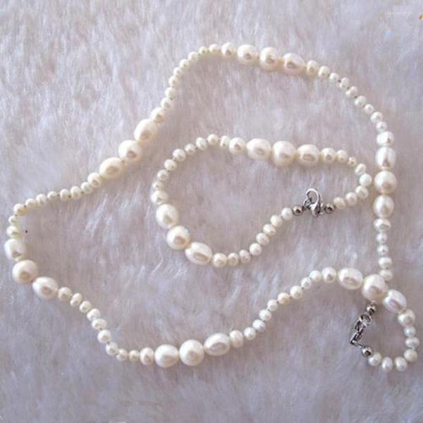 Collier boucles d'oreilles ensemble noué à la main 5-10mm blanc perle d'eau douce 45cm Bracelet 20cm pour femmes bijoux de mode
