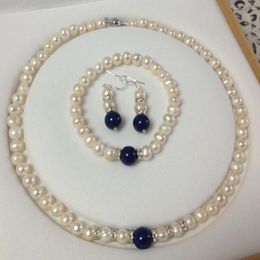 Ensemble de collier et boucles d'oreilles noués à la main, perles d'eau douce blanches de 7 à 8mm, 45cm, Bracelet 20cm, bijoux à la mode pour femmes