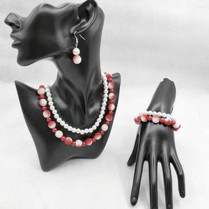 Ketting oorbellen met de hand gemaakte Griekse vrouwenclub dubbele lijn rood witte parel mode klassieke halsbekleding; temperament;