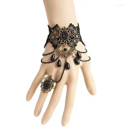 Ensemble de collier et boucles d'oreilles en perles faites à la main, découpe en forme de goutte, chaîne superposée en pierre florale, bracelet en dentelle noire, anneau réglable, bracelet esclave gothique rétro