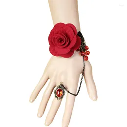 Ensemble collier et boucles d'oreilles gothiques faites à la main pour femmes, grande fleur de Rose rouge, goutte de perle, dentelle noire, anneau réglable, bracelet épais, Style Vintage, Bronze