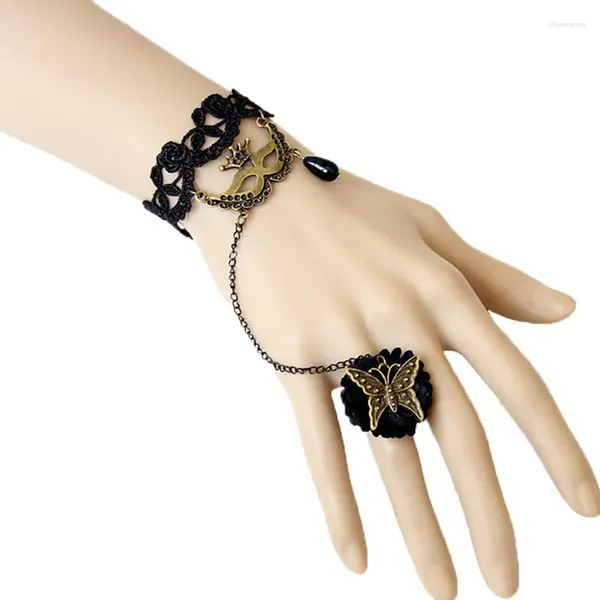 Collier boucles d'oreilles ensemble fait à la main Sexy femmes masque de Venise goutte perle papillon noir dentelle florale anneau réglable Bracelet Bracelet Lolita