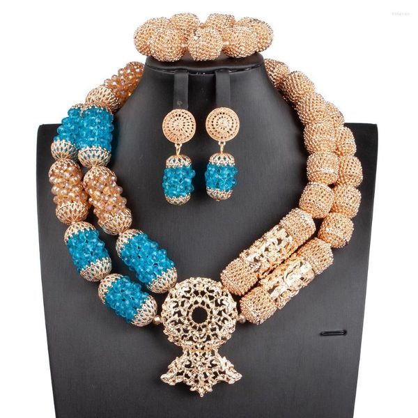 Conjunto de pendientes de collar hecho a mano, azul turquesa y champán, cristal dorado, joyería de boda nigeriana, cuentas africanas gruesas, nupcial WE325