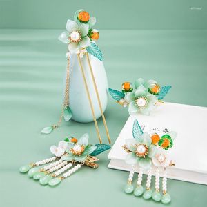 Ketting oorbellen set hanfu haaraccessoire Chinese stijl sieraden oude vintage groene haarspeld vorken accessoires voor vrouwen