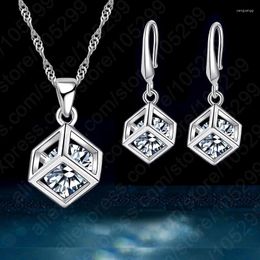 Ensemble collier et boucles d'oreilles Happy Cube en argent Sterling 925, intérieur fin en zircone cubique, pendentif carré, boucles d'oreilles, cadeaux de mariage