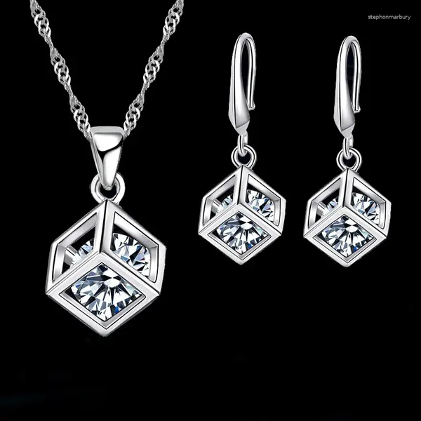 Ensemble collier et boucles d'oreilles Happy Cube en argent Sterling 925, aiguille Fine à l'intérieur, zircone cubique, pendentif carré, boucles d'oreilles, cadeaux de mariage