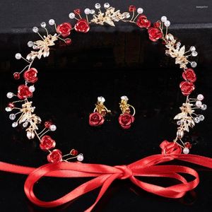 Collier Boucles D'oreilles Ensemble Coiffe Tête Pièce Couronne Bijoux De Mariage Demoiselle D'honneur Bandeau Avec Ruban Mariée Bandeau Boucle D'oreille Perle De Cristal Rouge