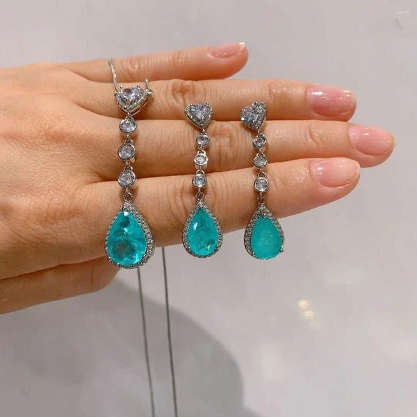 Conjunto de collar y pendientes con forma de corazón para mujer, gotas de agua, colgante de piedra Paraiba, borla, joyería de moda de lujo 2024