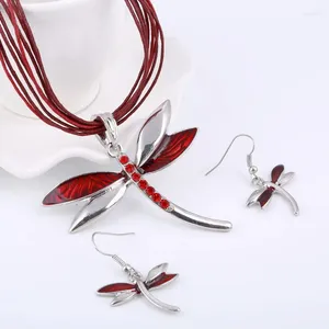 Ketting Oorbellen Set Hesiodus Zilverkleurige Dragonfly Meerlaagse lederen touwketting Lucite Retro Dangle Sets