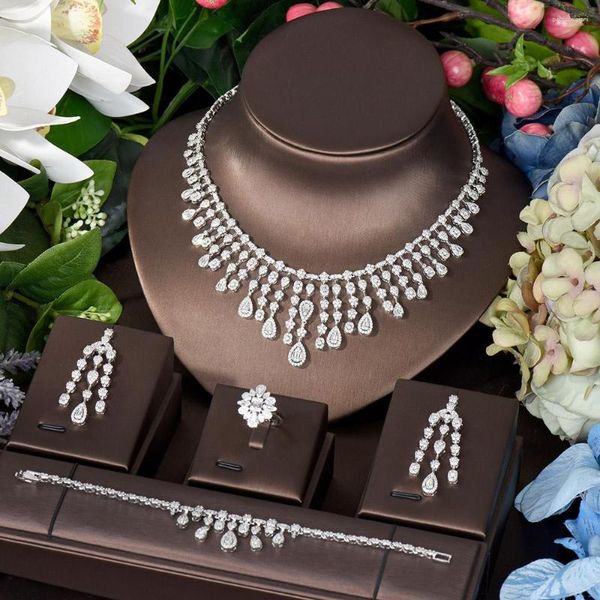 Conjunto de pendientes de collar HIBRIDE exclusivo pendiente de gota de agua blanca para mujer boda Naija nupcial circón cúbico Dubai alta joyería N-108