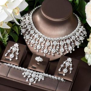 Ketting oorbellen set hibride trendy parel voor vrouwen bruiloftsfeestaccessoires cz dubai African Bridal Jewelry Dance Bijoux N-848