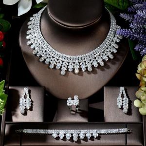 Ketting Oorbellen Set HIBRIDE Water Drop Grote Luxe Zirconia Afrikaanse Sieraden Nigeriaanse Bruiloft 4 stks Oorbel Aretes De Mujer N-677