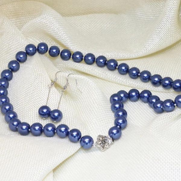 Conjunto de collar y pendientes de alta calidad, concha de perla simulada azul oscuro, cadena de hilo de cuentas redondas de 10mm, joyería para mujer de 18 pulgadas B2344