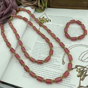 Ketting Oorbellen Set Hoge kwaliteit modemerk sieraden Vintage roze kralen glazen armband voor vrouwen