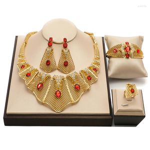 Ketting Oorbellen Set Hoge Kwaliteit Voor Vrouwen Dubai 18k Gold Plating Hanger Ring Bruidsmode Sieraden